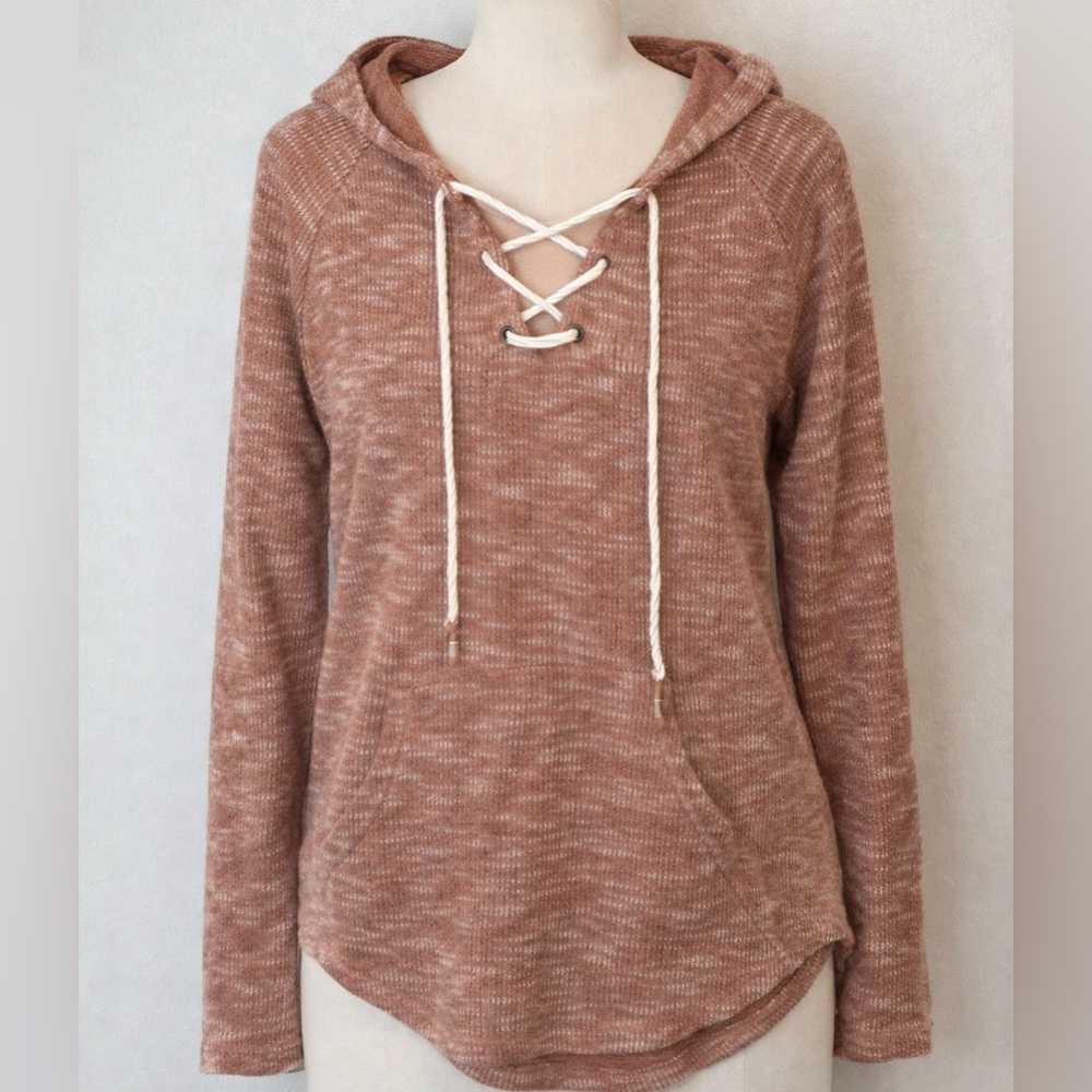 Inspired Hearts Women’s 1X Hoodie Top Pink Lace-Up Neck Waffle Knit Long Sleeve